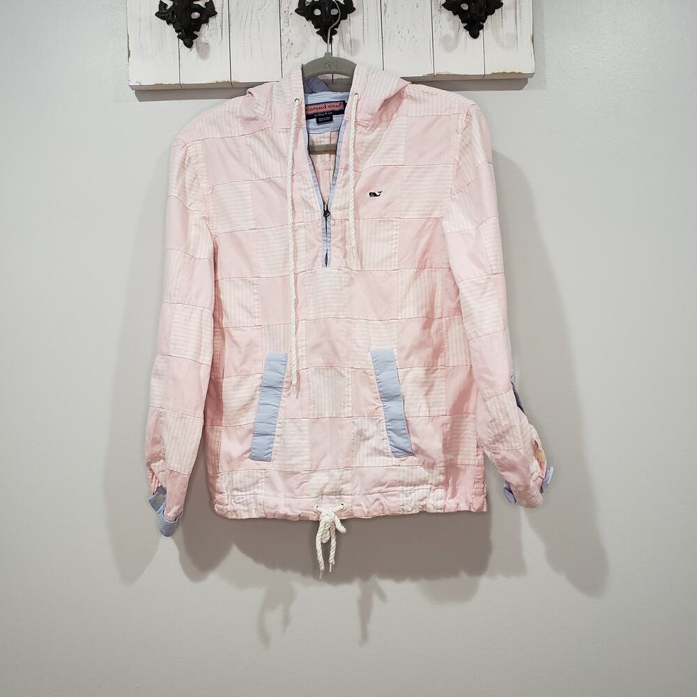 Vineyard Vines Pink Hooded Anorak Pullover Jacket with Light Blue Trim